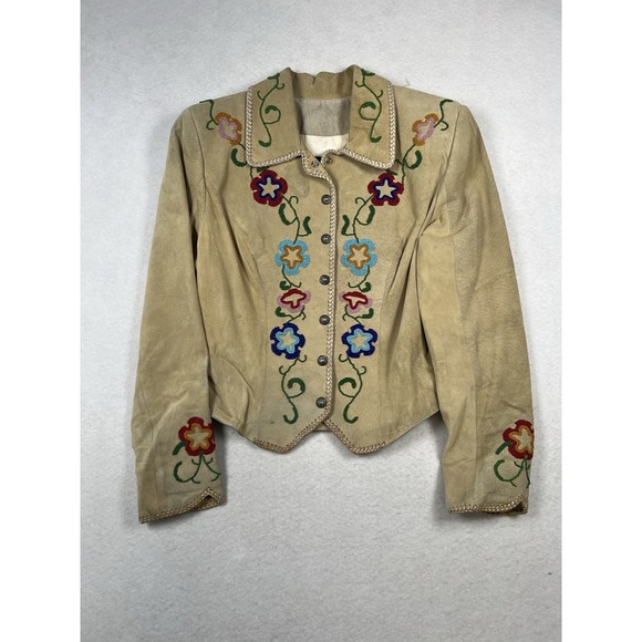 Renegade Ren Ellis Jackets & Blazers - Ren Ellis Santa Fe Beaded Suede Leather Jacket Size 10 Tan Snap Front Lined